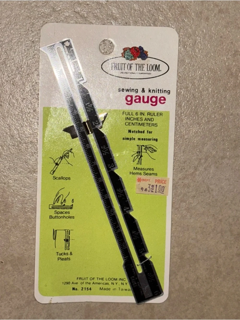 Vintage Fruit of the Loom 6 Inch Metal Sewing and Knitting Gauge Ruler